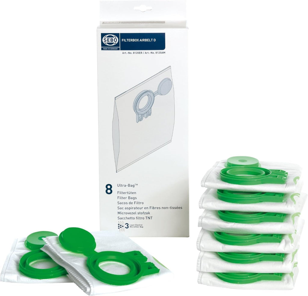 Sebo Airbelt Series D1, D4, D4 Premium Canister Vacuum Filter Bags 8 Pk Genuine Part # 8120AM, 8120ER