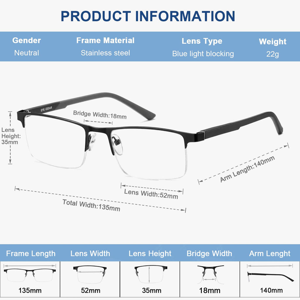 EYECEDAR 5 Pack Premium Blue Light Blocking Reading Glasses Men Metal Half Frame Spring Hinges Computer Readers for Men and Women 1.75