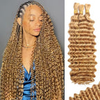 Human Braiding Hair for Boho Braids Human Hair 110g 24 Inch Curly Boho Hair for Braiding Knotless 12A Deep Wave Bohemian 3 Bundles/Pack Caramel Honey Blonde