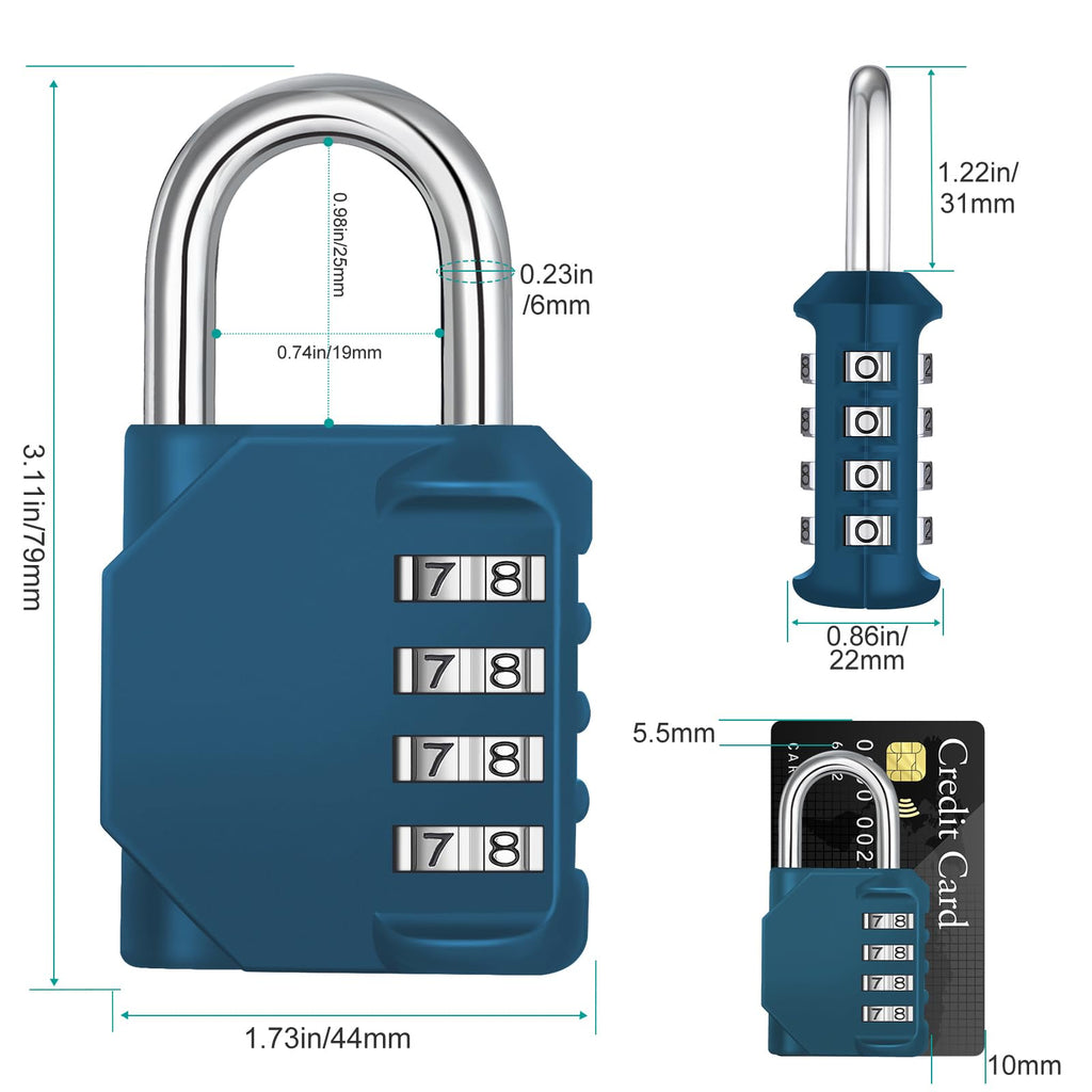 ZHEGE Combination Locker Locks, Resettable 4 Digit Padlock for Locker Keyless, Gym Locks for, School, Gate, Door, Hasp Storage, Fence, Toolbox, Case, Outdoor Use Weatherproof (Peacock Blue, 2 Pack)