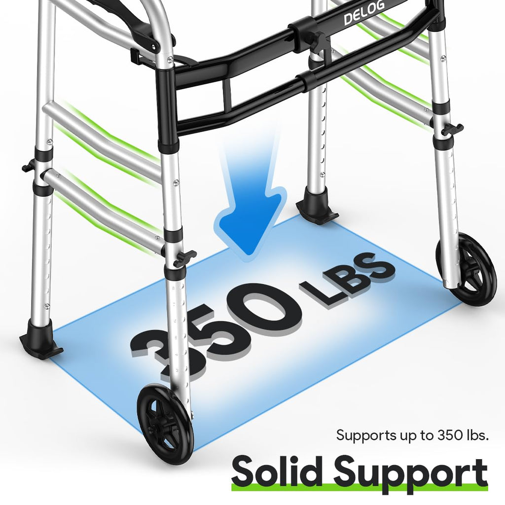 Delog Folding Walker for Senior - Platform Walker with 5’’ Wheels and Removable Padded Armrests 350lbs, Lightweight Walking Mobility Aid, Standard Walker for Elderly (Black)