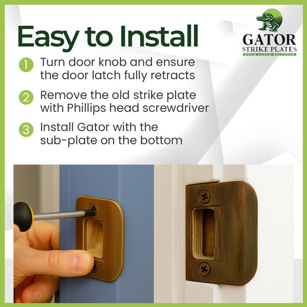 Gator Door Strike Plate with Screws, – 2-1/4" by 1-3/4" Universal Latch Restorer Alloy Steel Lock Hardware for Interior and Exterior Doors, Replacement Door Latch Plate | Antique Brass 4-Pack