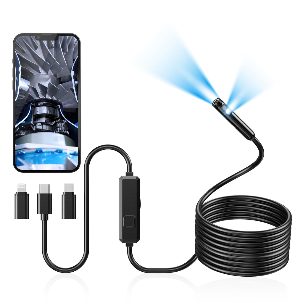 Acoath Endoscope Camera with Light, Dual-Lens 1920P HD Borescope with 8 Adjustable LED Lights, IP67 Waterproof Boroscope Inspection Tools, 16.4ft Semi-Rigid Snake Camera for iOS & Android