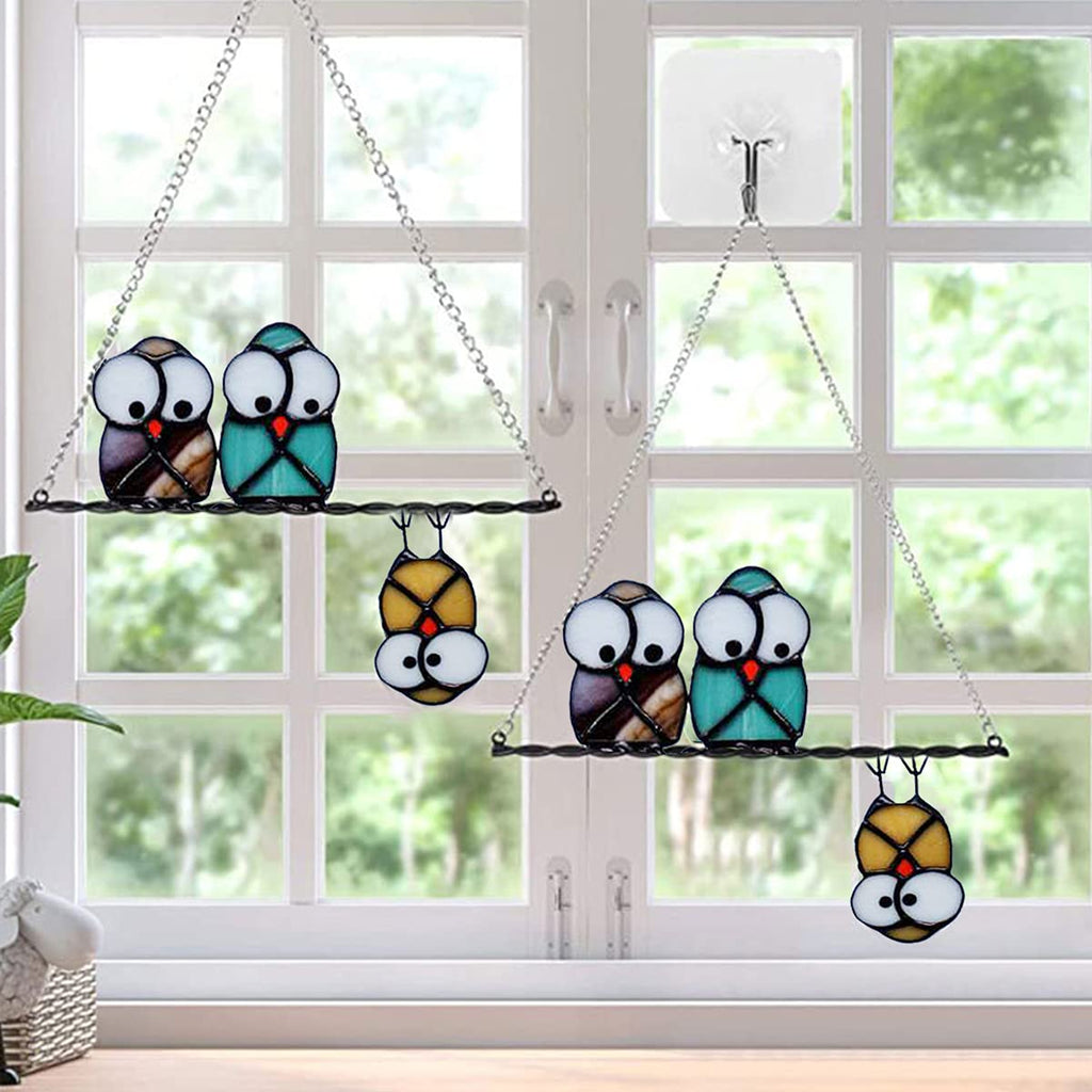 Multicolor Owls on a Wire Suncatcher Panel Stained Glass Window Hanging