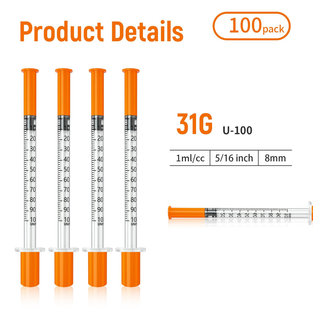 U-100 Syringes, 1ml syringe, 31g 5/16 1cc syringe with needle, lab syringes, Pack of 100