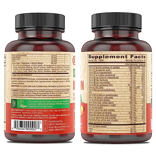 DEVA Vegan Multivitamin & Mineral Supplement with Iron 2-Pack, Spirulina, Chlorella, Ashwagandha, Broccoli & More, 90 Coated Tablets Each