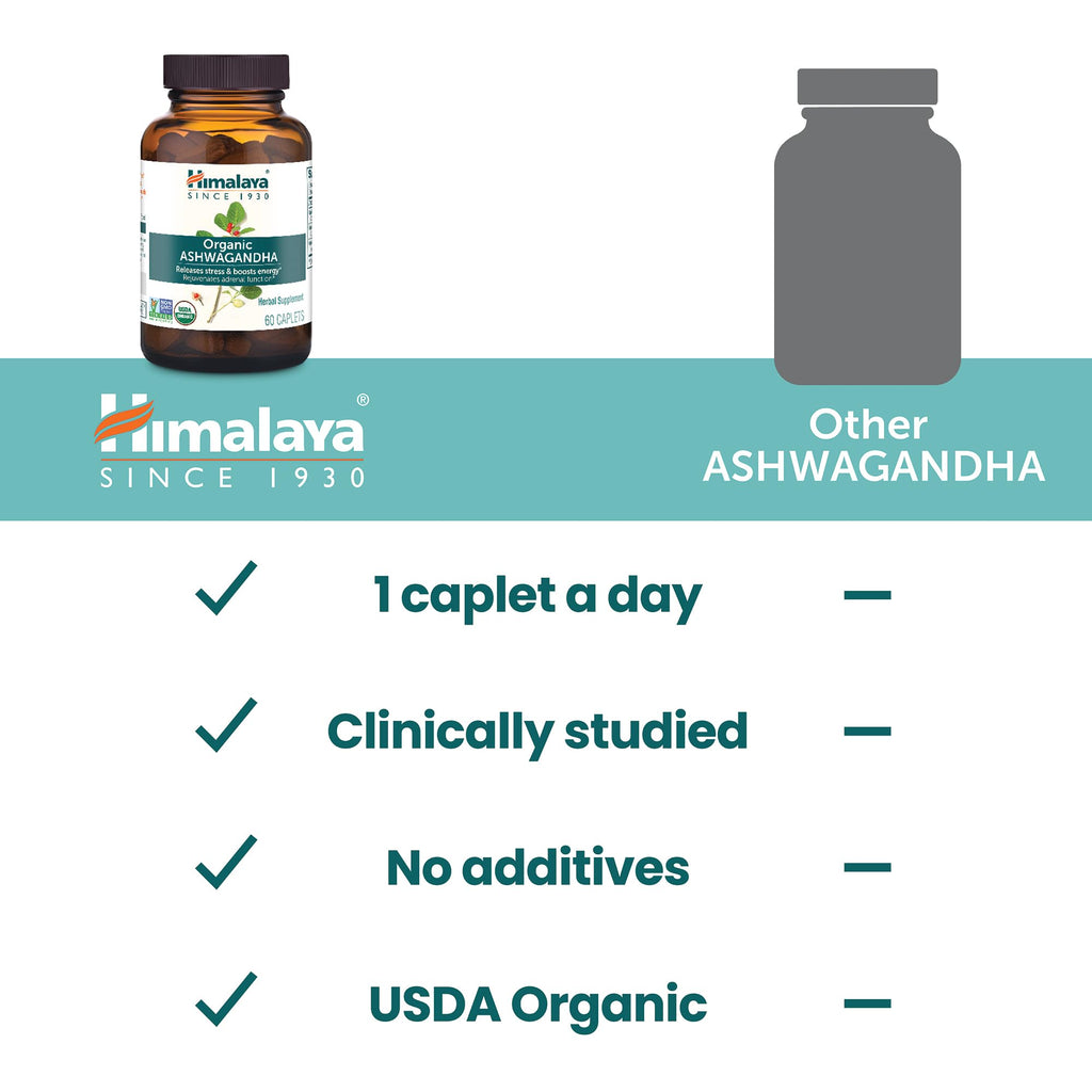 Himalaya Organic Ashwagandha Root, 60 Day Supply - Herbal Adrenal Support Supplements for Stress Relief and Energy Support - USDA Organic, Non-GMO, Vegan, Gluten Free, No Additives, 670 mg, 60 Caplets