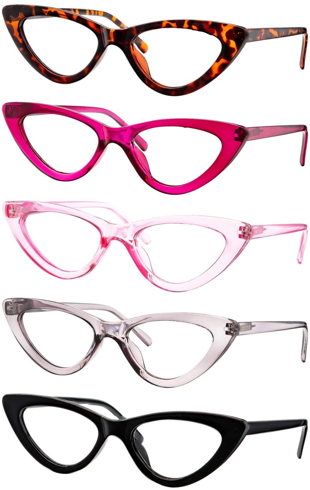Yogo Vision Reading Glasses Readers for Women Cateye Eyeglasses and Light Spring Hinge Frame Set of 5: Black, Grey, Pink. Hot Pink, Brown Havana 1.75
