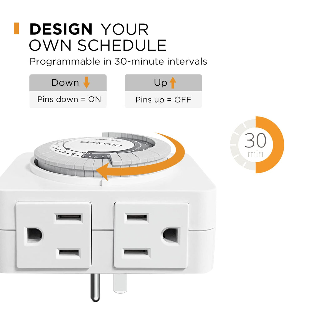 G-Homa Timer Outlet Electric Indoor with 2 Grounded Outlet,Plug-in 24-Hour Mechanical Timers,Daily On/Off Cycle,Energy Saving for Lamps, Seasonal, Christmas Lights and Holiday Decorations (2 Pack)