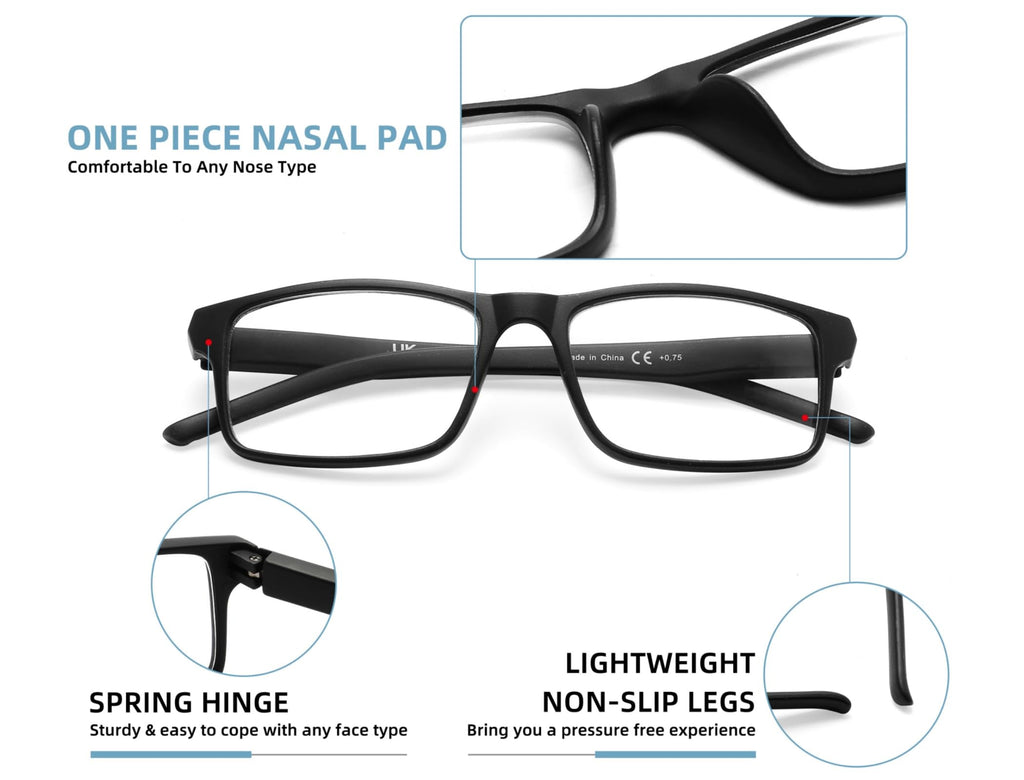 MODFANS Reading Glasses Men Readers 4 Pack,Blue Light Blocking Reading Glasses Anti Glare/Eye Strain Filter UV,Rectangular Unisex Lightweight Frame Comfortable Spring Hinge Eyeglasses 1.75