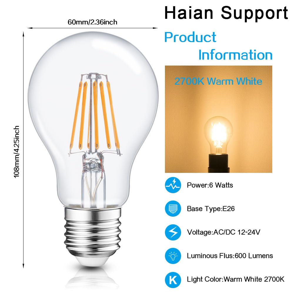 Haian Support Efficient 12V LED Bulb 6W 600Lm - E26/E27 Base - 12-24V AC/DC - 4 Pack - Ideal for Off-Grid Solar Battery Systems, RVs, Marine Lighting - Energy Saving 60W Equivalent - Warm White 2700K