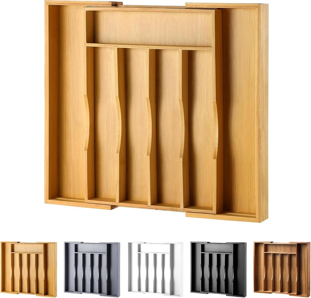 oridom Expandable Bamboo Kitchen Drawer Organizer for Cutlery and Utensils, Adjustable Bamboo Wood Cutlery Tray in Drawer for Flatware and Silverware in Kitchen, (Natural)