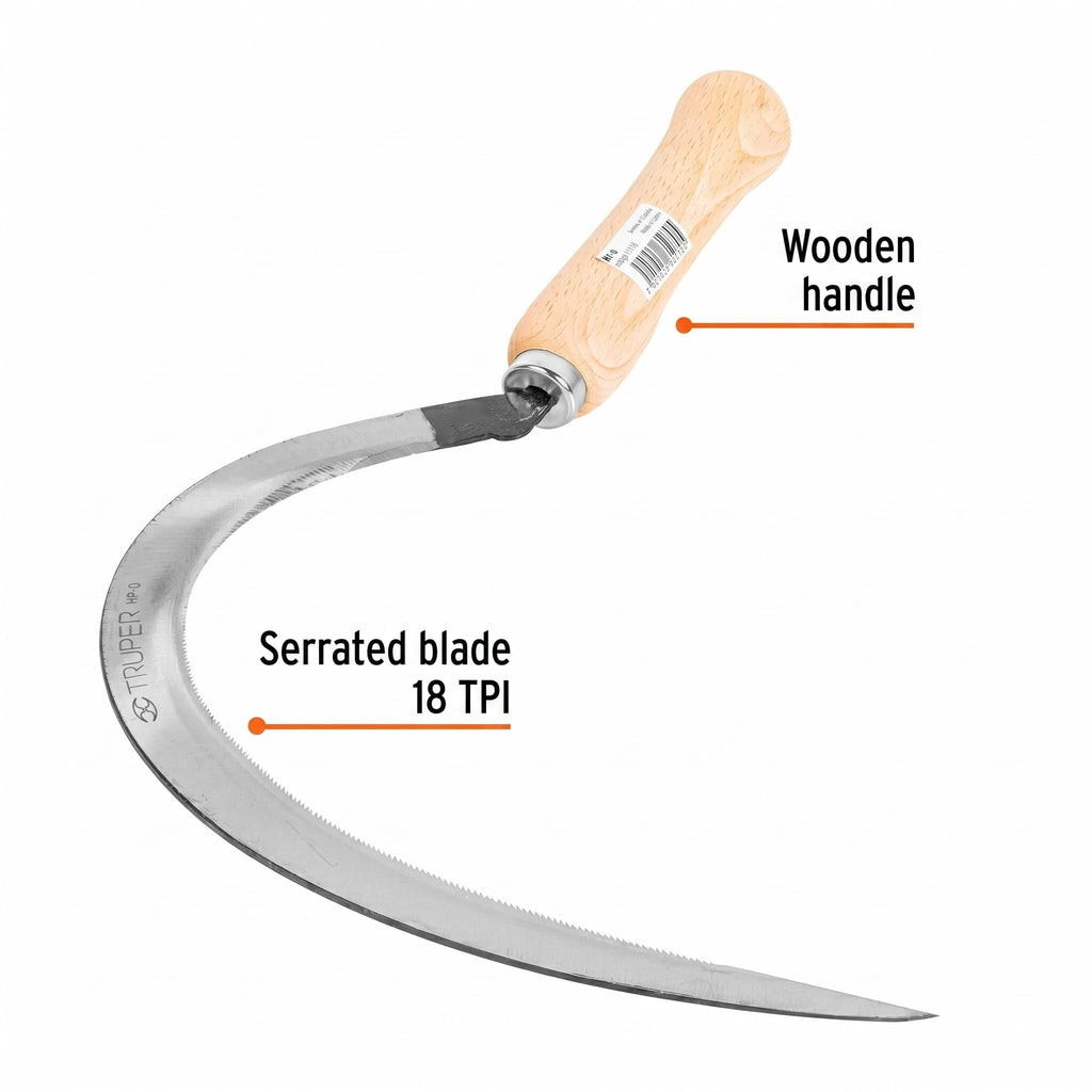 Truper Serrated Grass Sickle 16", High-Carbon Steel Blade, Lightweight Wooden Handle, Hand Scythe for Manual Harvesting and Weed Clearing (Model 15120)