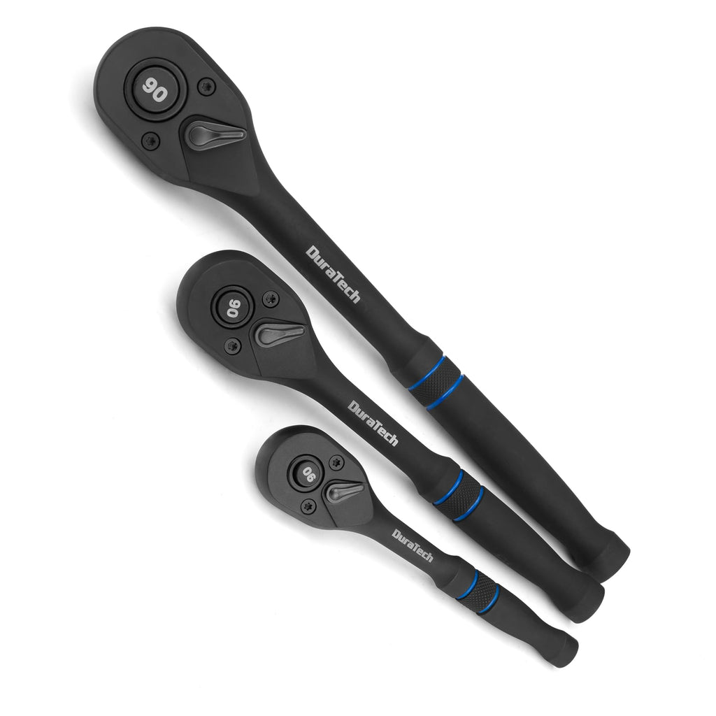 DURATECH 3-Piece Drive Ratchet, 1/4", 3/8", 1/2" 90-Tooth Quick-Release Ratchet Wrench, Reversible, Cr-V Made, 4° Swing, Manganese Phosphate Black Finish, Gifts for Men Gifts for Women