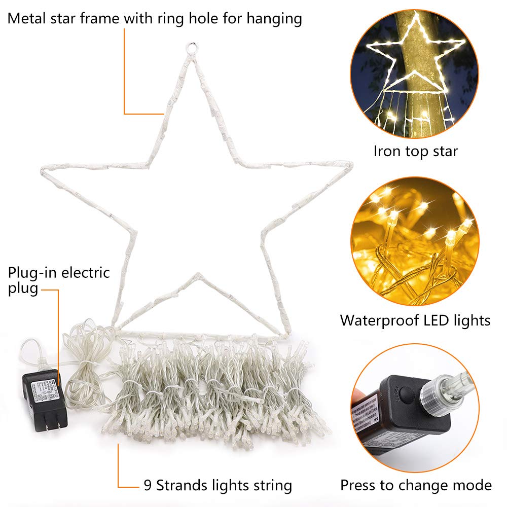 FUNIAO (New) Christmas Decoration Lights, 320 LED Waterfall Christmas Tree Lights with 12" Star Topper, 8 Modes Indoor Outdoor String Lights for Yard, Party, Home, Holiday (Warm White)