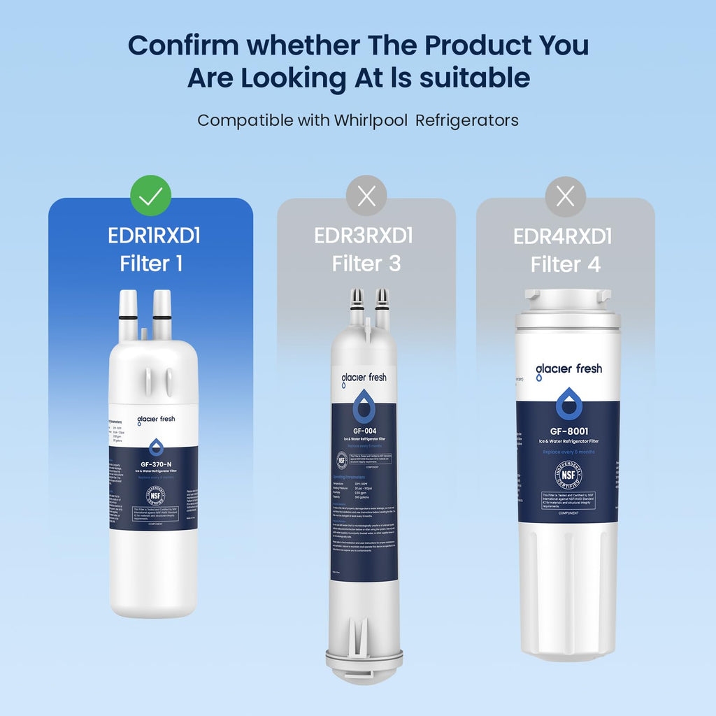 GLACIER FRESH EDR1RXD1 Refrigerator Water Filter Compatible with W10295370A, EDR1RXD1, WHR1RXD1, KAD1RXD1, Filter 1, W10295370, P4RFWB, P8RFWB2L, 46-9930, 46-9081 Refrigerator Water Filter,3 Pack
