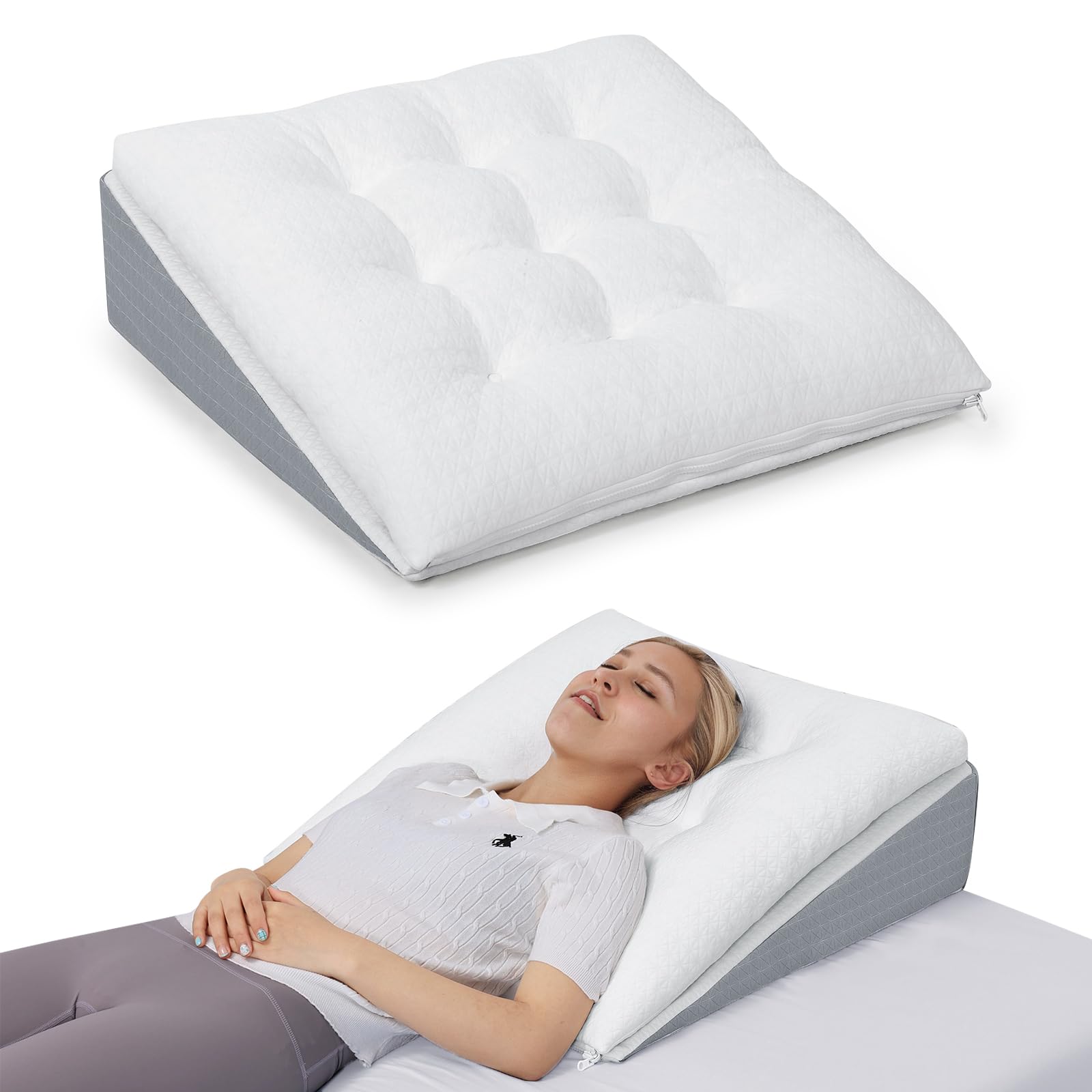 TANYOO Bed Wedge Pillow for Sleep Apnea 7.5Inch Gerd Pillow Patent Dual Layer Triangle Pillow Adjustable Shredded Memory Foam Topper Soft Support Ideal for Acid Reflux, After Surgery, Snoring