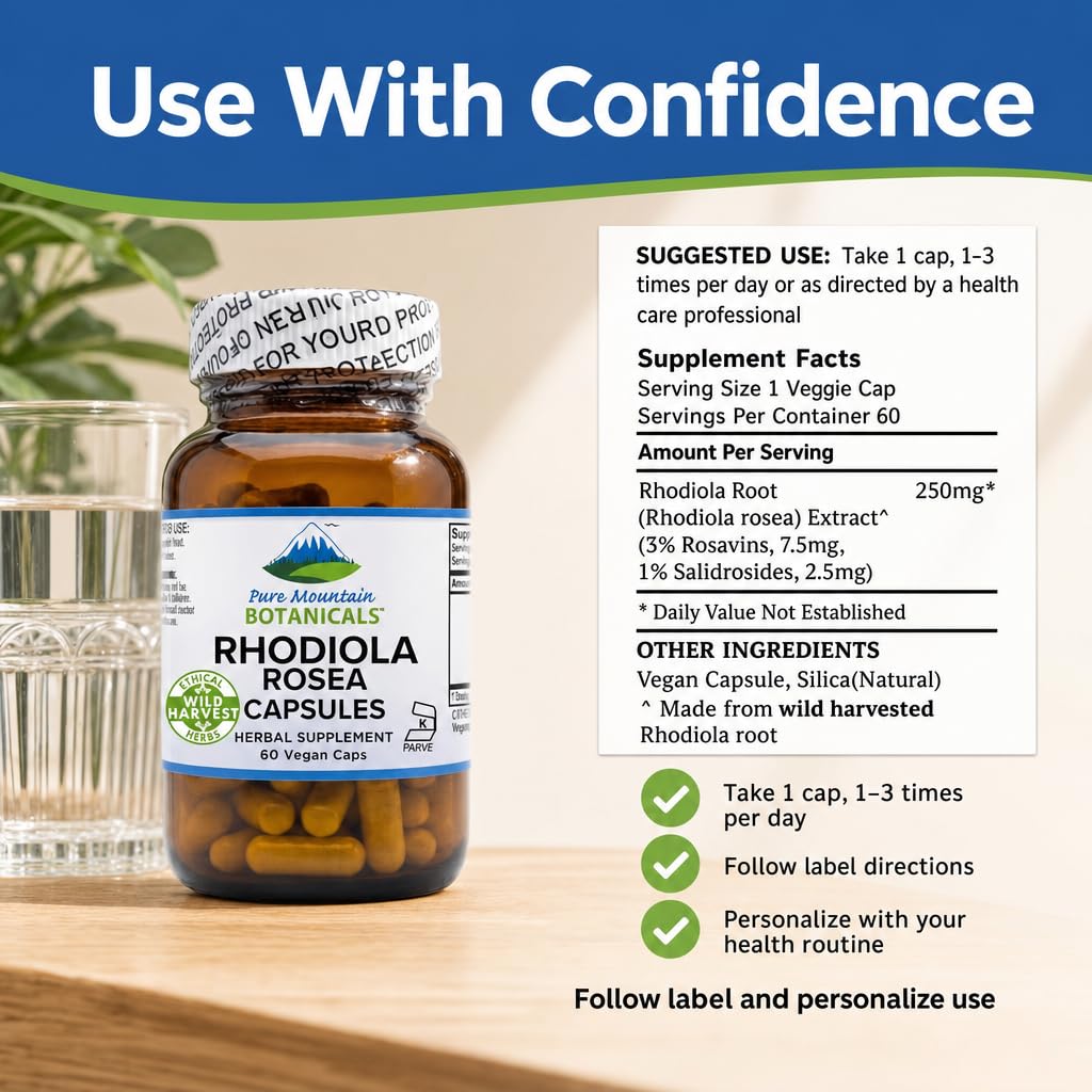 Pure Mountain Botanicals Rhodiola Rosea Supplement - 60 Capsules 250mg - Root Extract Standardized 3% Rosavins 1% Salidroside - Vegan Kosher Gluten Free