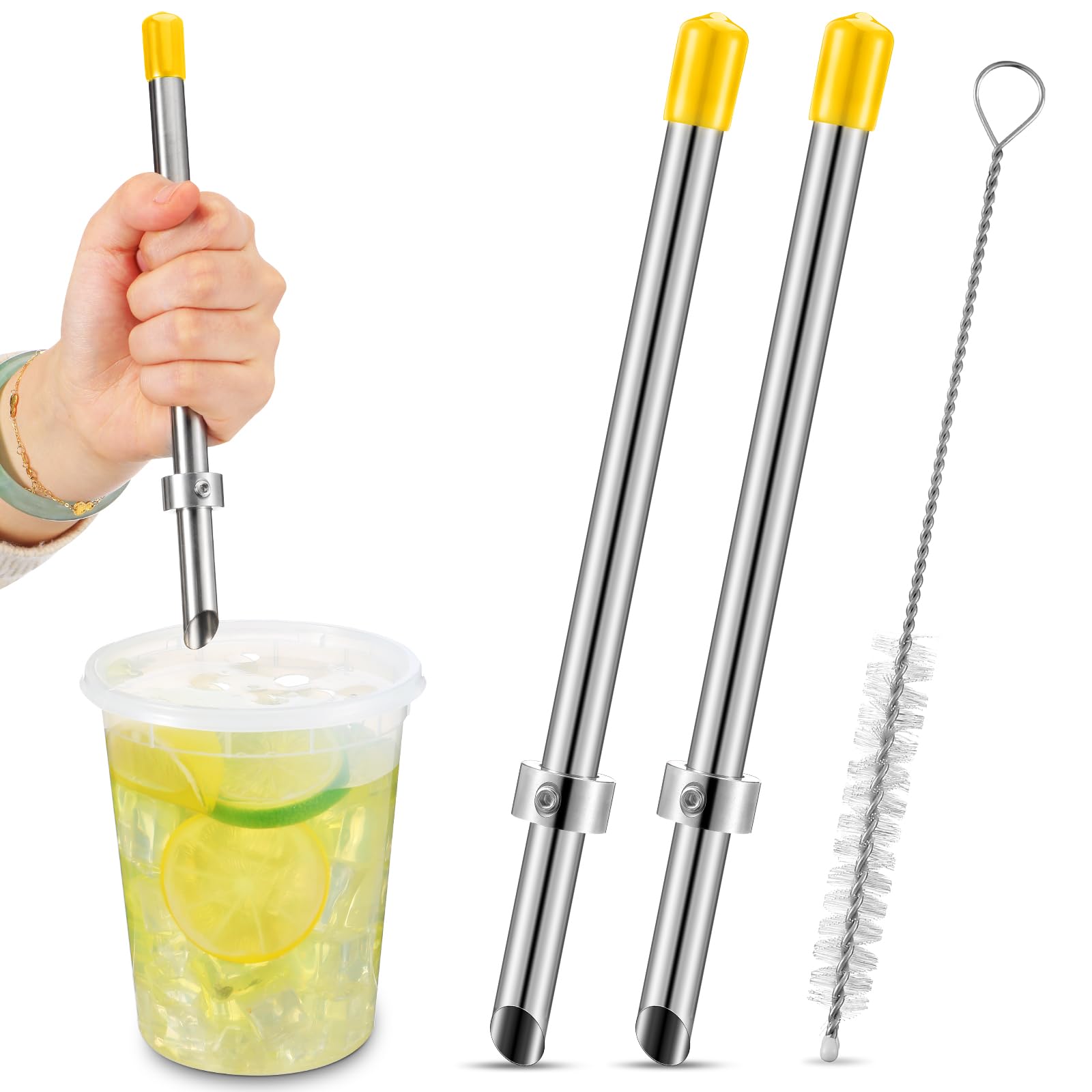 Lasnten 2 Pack Straw Puncher for Plastic Lids Lemonade Cups, Stainless Steel Straw Hole Puncher Punching Tools for Cafe Drinks Deli Container Squeezed Fresh Lemonade Stand Supplies (8.7 Inch,Yellow)