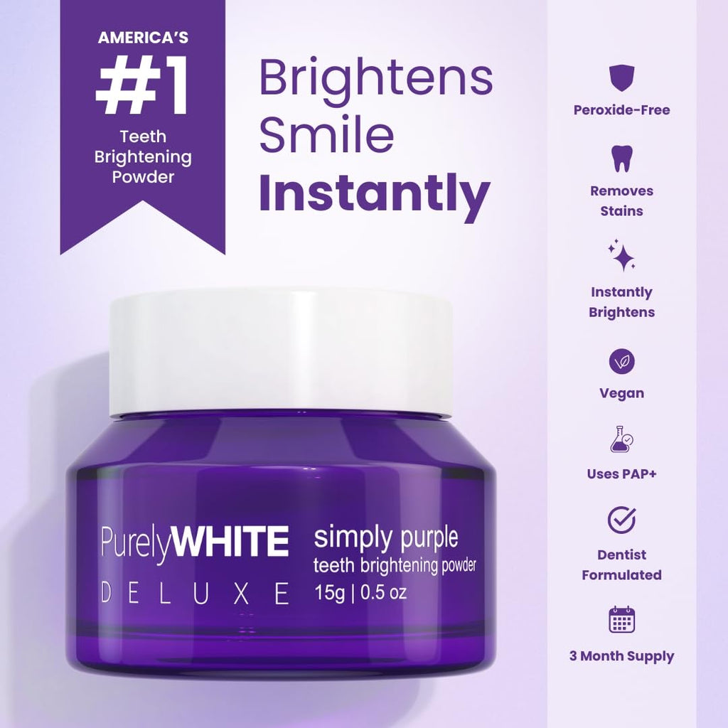 PurelyWHITE Deluxe Simply Purple Bleach Powder, Hides Stains, Does Not Produce Sensitivity; Bleaching Powder, Suitable for Enamel Stains of Coffee, Tea, Food, Wine and Tobacco, 1