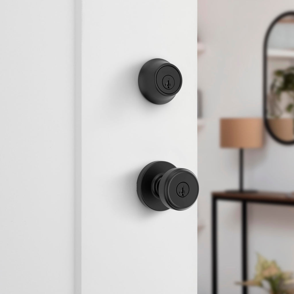 Kwikset Maven Front Door Lock Handle and Deadbolt Set, Entry Handleset Round Exterior with Interior Door Knob, Secure Locking Deadbolt, Matte Black, with Microban Protection