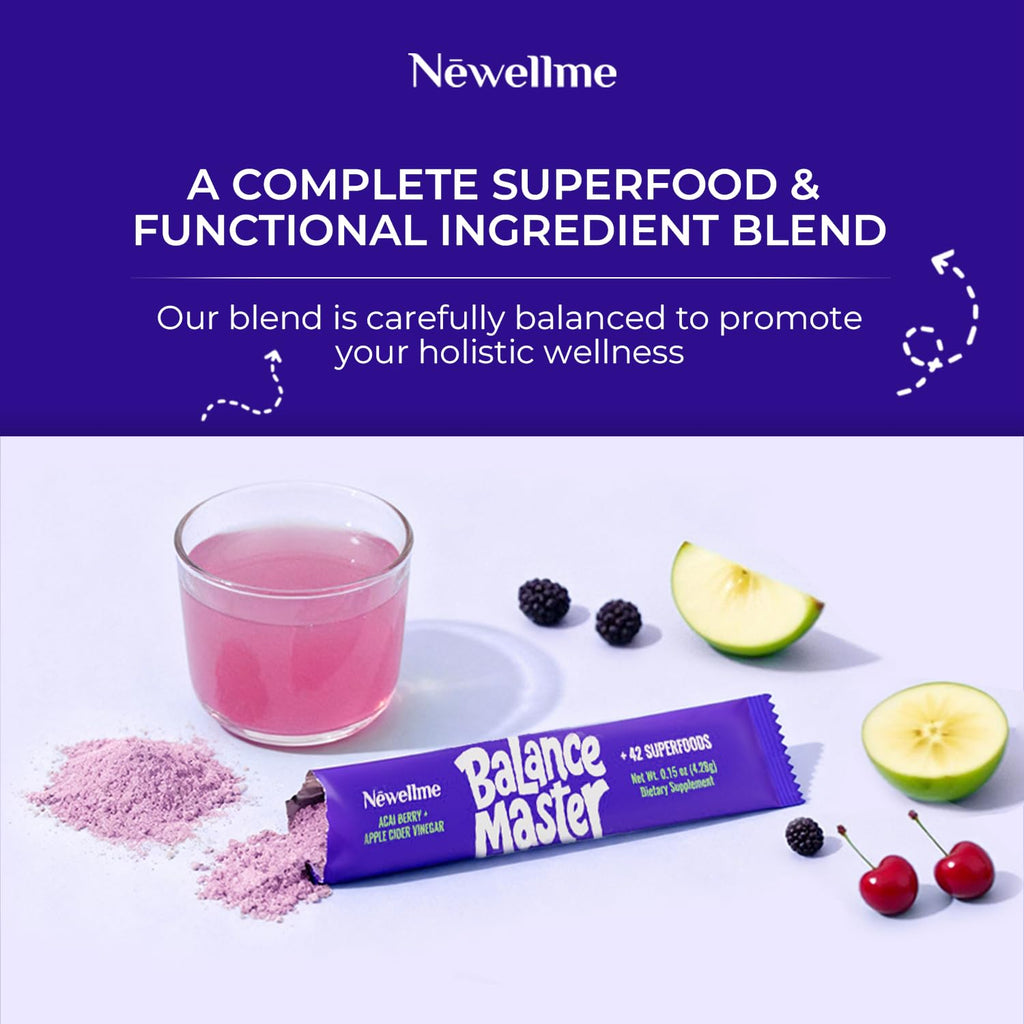 NEWELLME Balance Master Acai Apple Cider Vinegar Powder, Healthy Blood Sugar Support, Probiotics & Digestive Enzymes for Metabolic Support, Vegan Non-GMO, 14 Servings