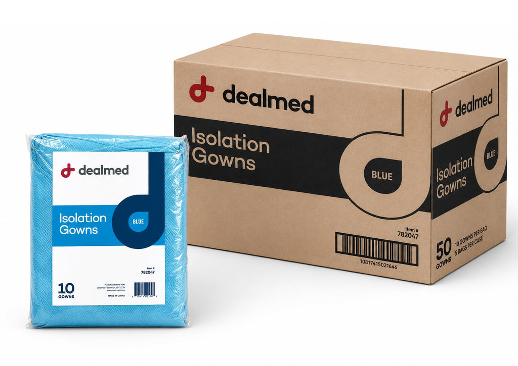 Dealmed Blue Isolation Gown – Disposable Medical Gowns, Latex-Free, Perfect for Hospitals, Medical Facilities, and Physicians’ Offices (Case of 50)