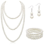 Long Pearl Necklace for Women Layered Cream White Faux Pearl Beads Strand Necklace Pear Stretch Bracelets Earring Costume Jewelry Set,3Pcs,Christmas Jewelry for Women