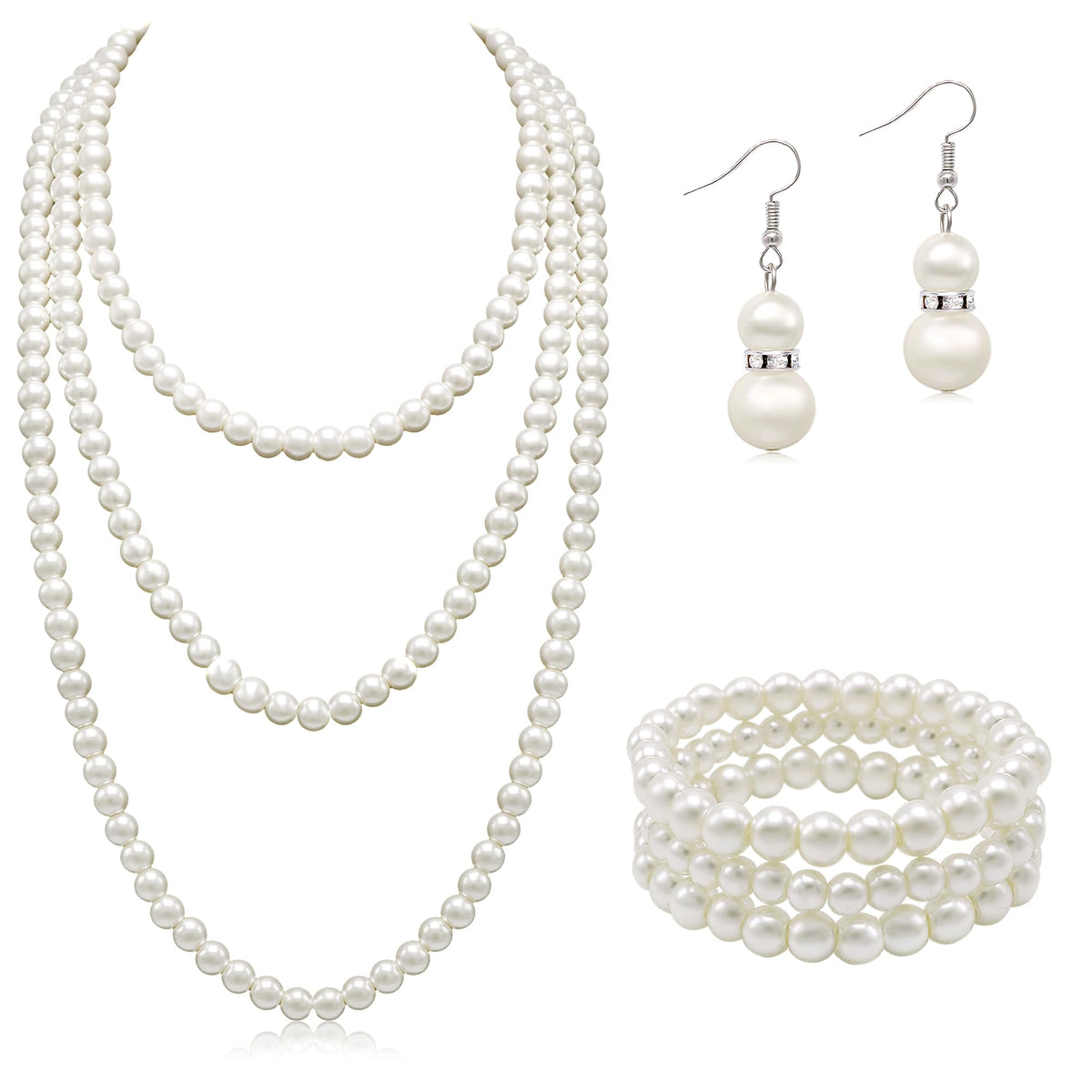 Long Pearl Necklace for Women Layered Cream White Faux Pearl Beads Strand Necklace Pear Stretch Bracelets Earring Costume Jewelry Set,3Pcs,Christmas Jewelry for Women