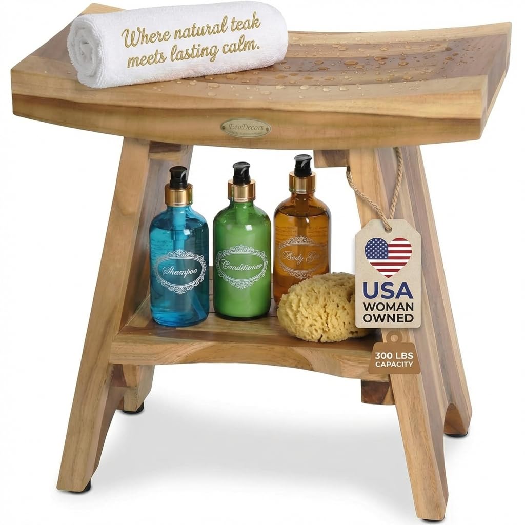 EcoDecors Teak Shower Bench 18", 300 lb Capacity – Waterproof Wood Bath Seat with Shelf, Spa Seating for Adults – Compact Fit for Small Bathrooms & Walk-in Showers – Slip-Resistant Feet