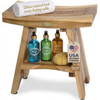 EcoDecors Teak Shower Bench 18", 300 lb Capacity – Waterproof Wood Bath Seat with Shelf, Spa Seating for Adults – Compact Fit for Small Bathrooms & Walk-in Showers – Slip-Resistant Feet