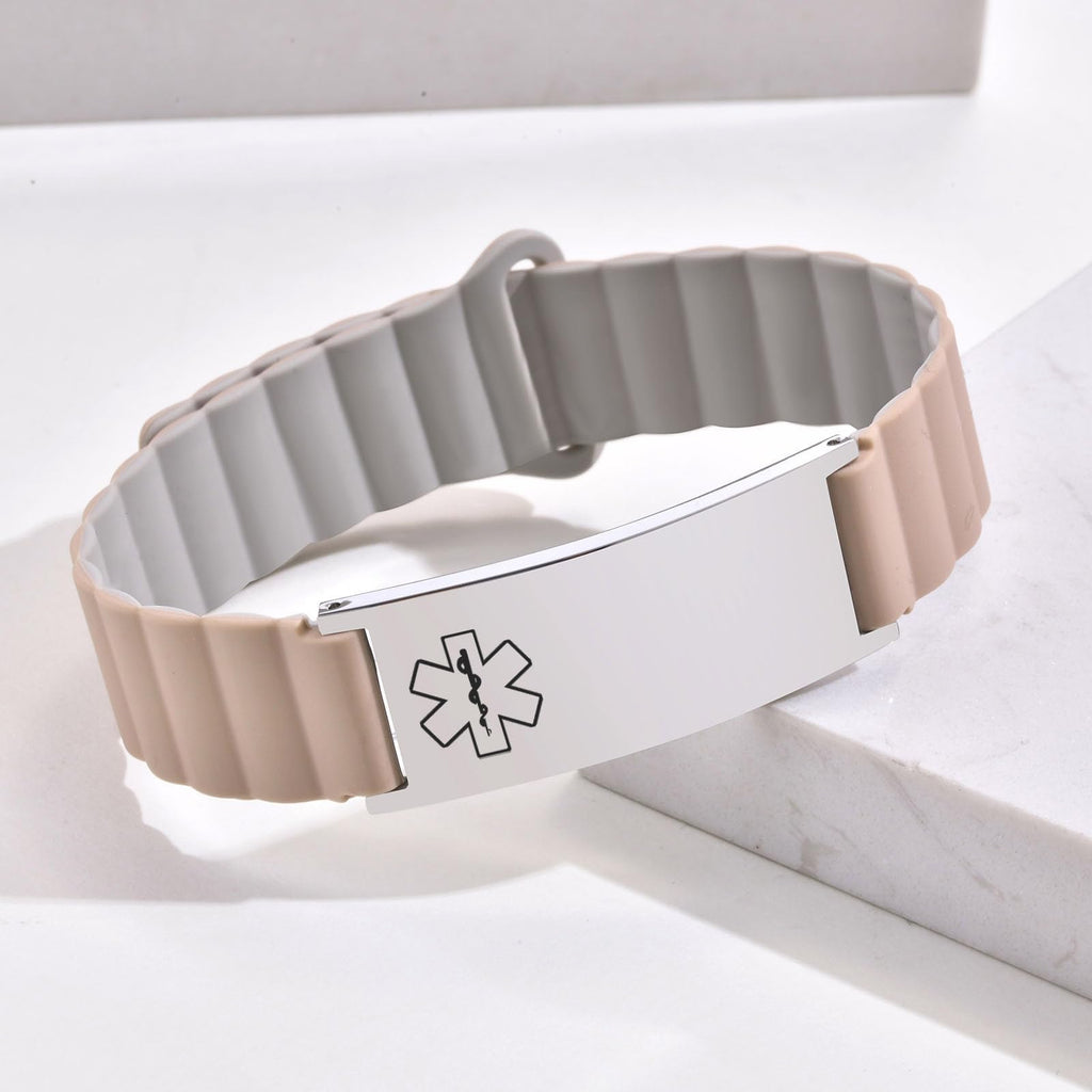 MEALGUET Comfortable Medical ID Bracelet for Men & Women - Custom Engraved Silicone Strap Comfort Medical Alert Bracelets for Sports,Adjustable Waterproof Customizable ID Wristband,White blue