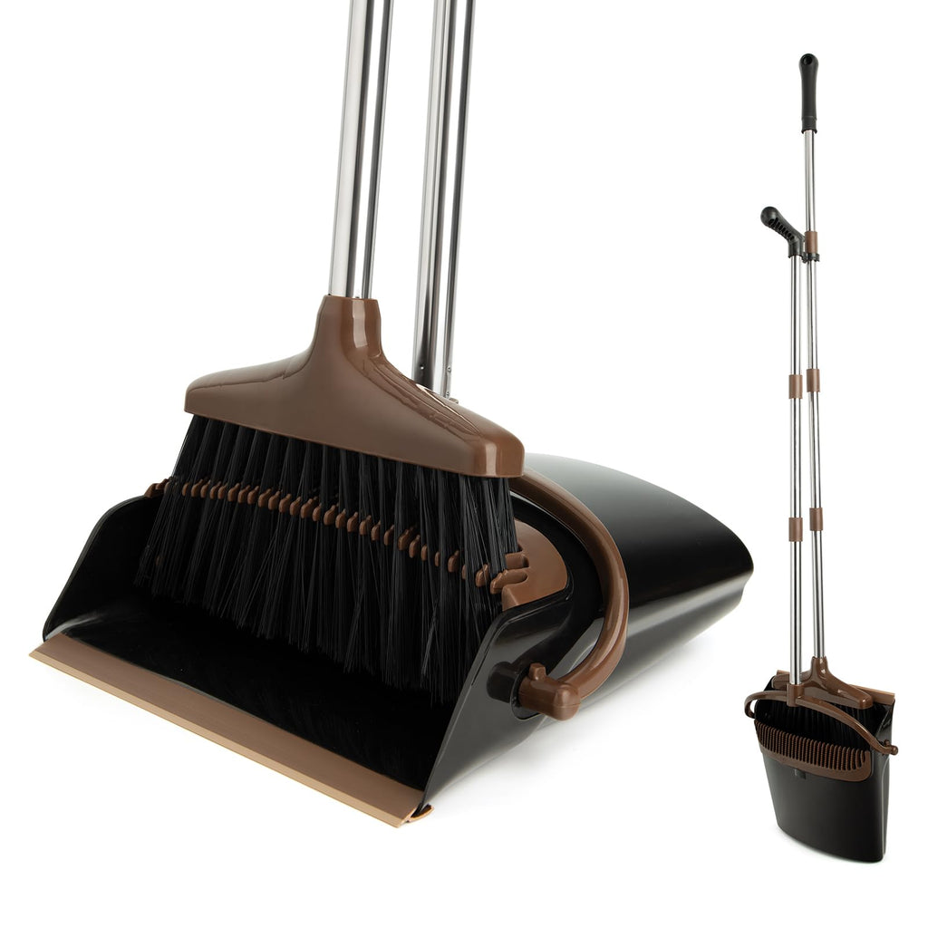 XXFLOWER Broom and Dustpan Set with Long Handle, Light Weight Stainless Steel Poles Stand Upright Dustpans with Broom Combo for Home Kitchen Office Pet Dog Hair, 1-Pack (Black Brown)