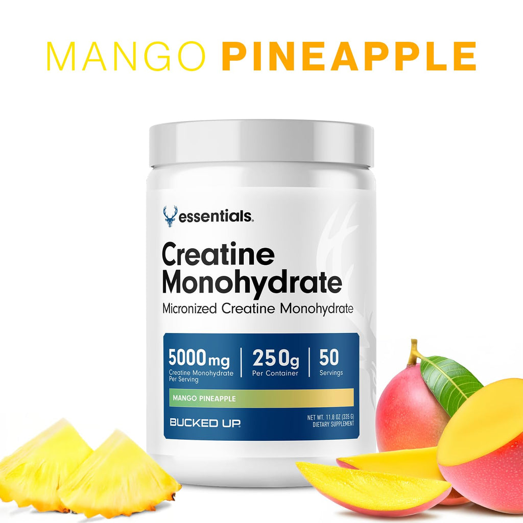 Bucked Up Mango Pineapple Creatine for Women and Men - Easy to Mix Vegetarian - Flavored Creatine Monohydrate Powder - Made in USA - 5G Per Serving - 50 Servings - 250 Grams Per Container