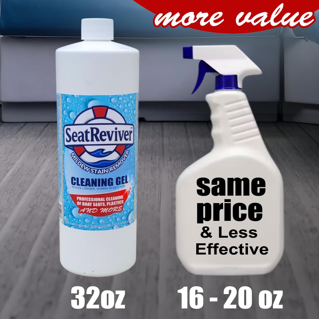 Seat Reviver Marine Mildew Stain Remover for Boat Seats, Vinyl & Plastic | Light Gel That Clings Longer | Fast-Acting | No Scrub | 32oz
