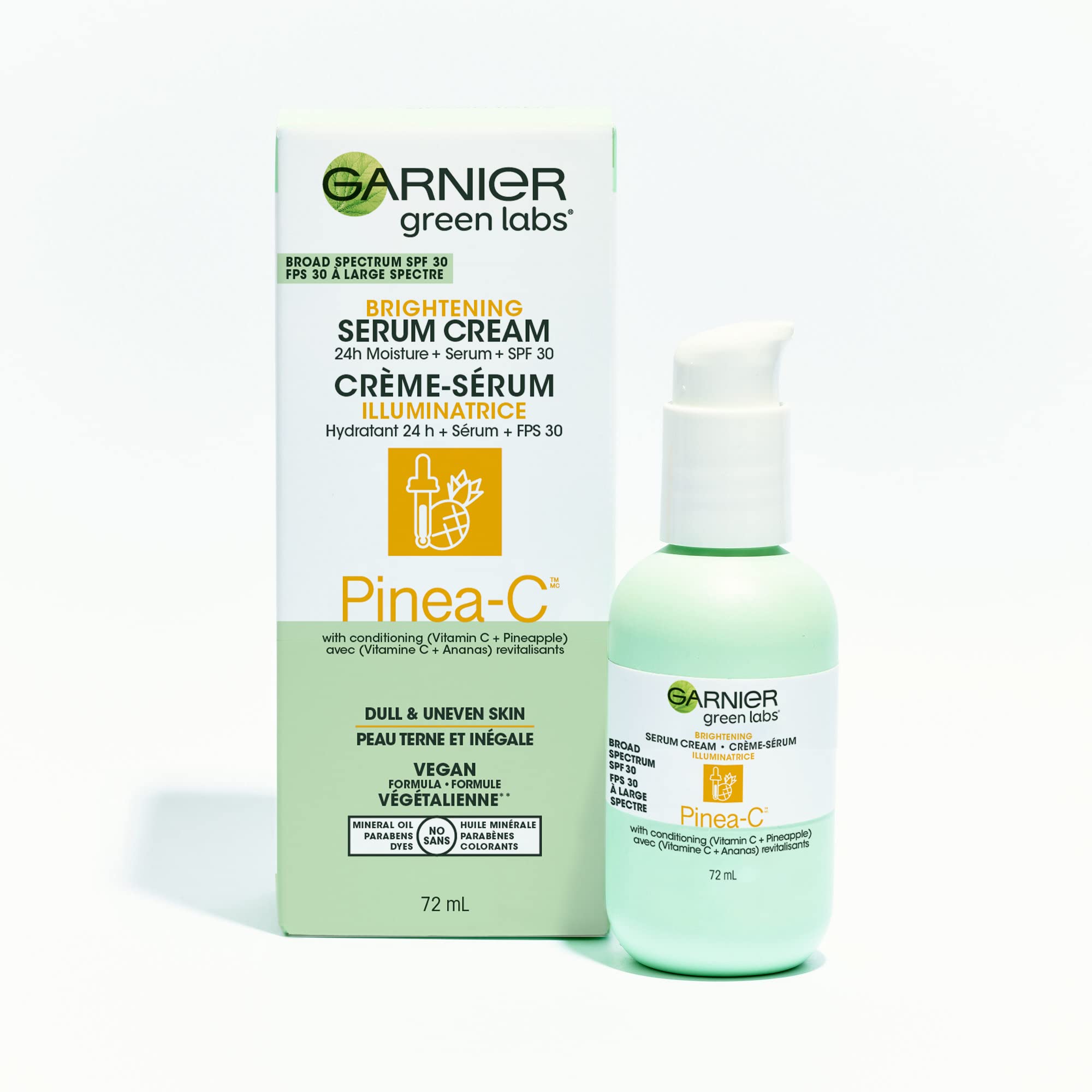 Garnier Green Labs Pinea-C 3-in-1 Brightening Serum Cream, 24H Moisture + Serum + SPF 30 with Vitamin C, 2.4 Fl Oz (72mL), 1 Count (Packaging May Vary)
