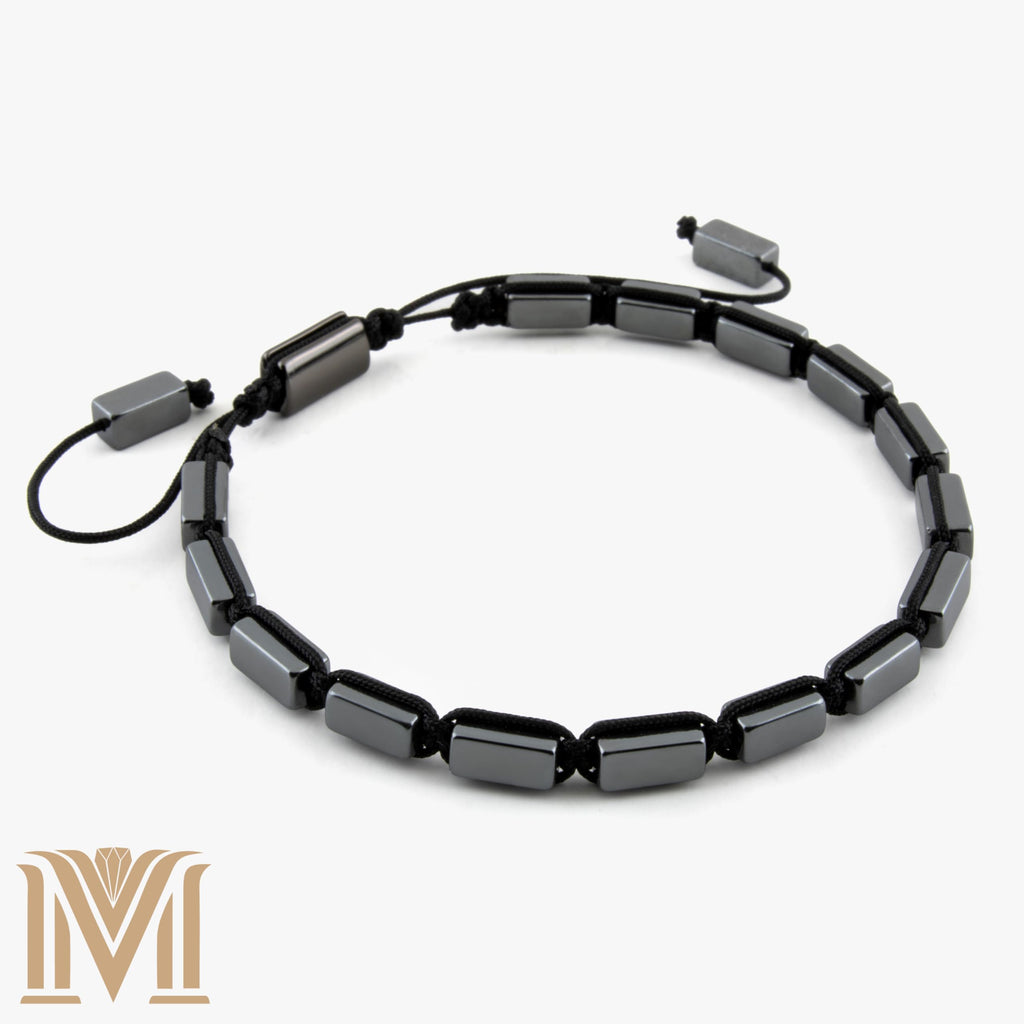 Mana Gallery Genuine Hematite Bracelet for Men & Women – Adjustable Macrame Sliding Knot – Metallic Gray Rectangular Beads – Minimalist Grounding & Protection