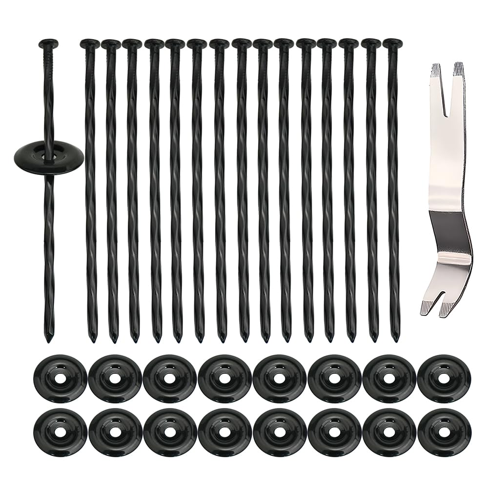 Bakulyor 16 Sets Outdoor RV Rug Stakes, 6 Inch Black Patio Mat Stakes, 6 Gauge Heavy Duty Galvanized Camp Carpet Stakes for Fixing Outside Rug, Tarps, and Camping Mat, Pop Up Camper Accessories - 6"