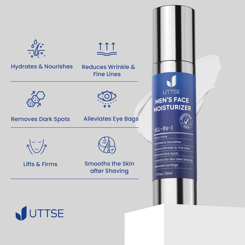 Uttse 6-in-1 Mens Face Moisturizer: Face Cream for Men - Reduce the Look of Eye Bags, Dark Circles, and Puffiness - Skin Care for Men - 1.7 fl oz - Made in Korea