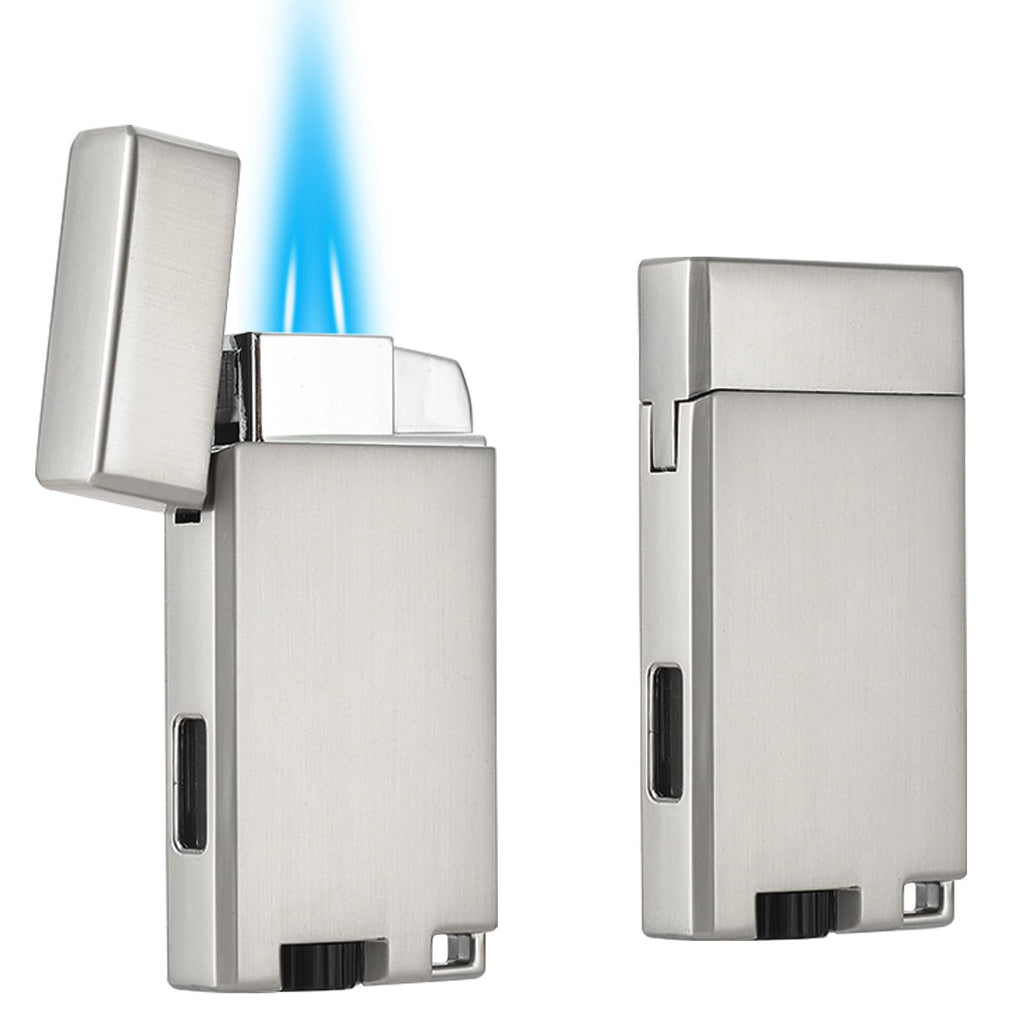 Copmotds Refillable Butane Torch Lighter with Keyhole and Visible Window, 2 Pack Adjustable Pocket Lighter and Perfect for Men, 1-Year Warranty, Great Gift Idea! Without Gas(Brushed Silver)
