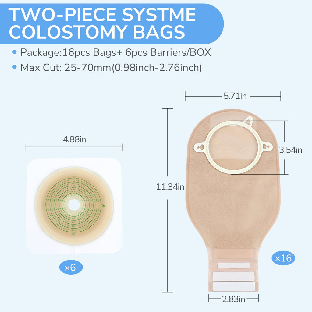 Heagimed 22pcs Ostomy Supplies Colostomy Bags, 2-Piece Colostomy Bags, Two-Piece Drainable Pouches with Closure for Ileostomy Stoma Care, Cut-to-Fit, 70mm Max (16 x Ostomy Bags+ 6 x Skin Barrier）