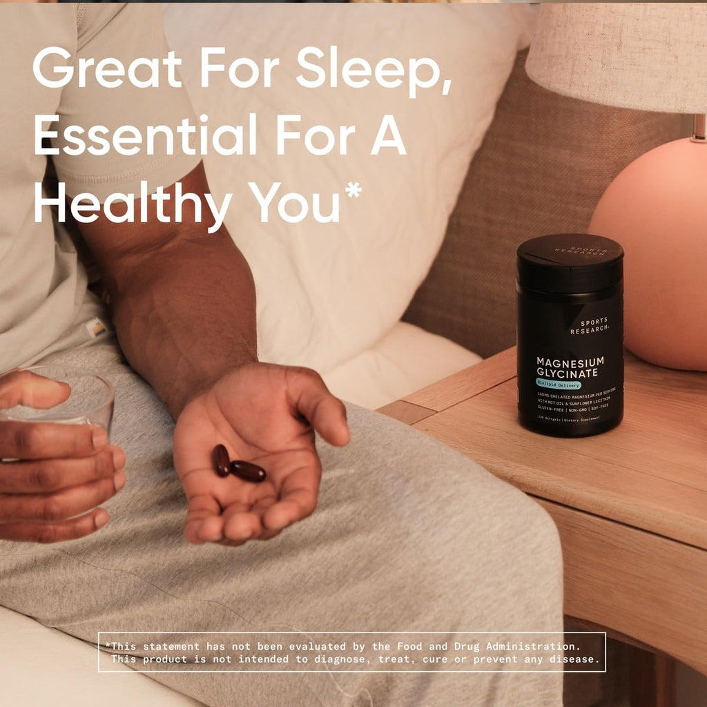 Sports Research® Magnesium Glycinate - Supports Restful Sleep & Enzymatic Processes - 160 mg Chelated Magnesium - Vegan Capsule - 180 Count