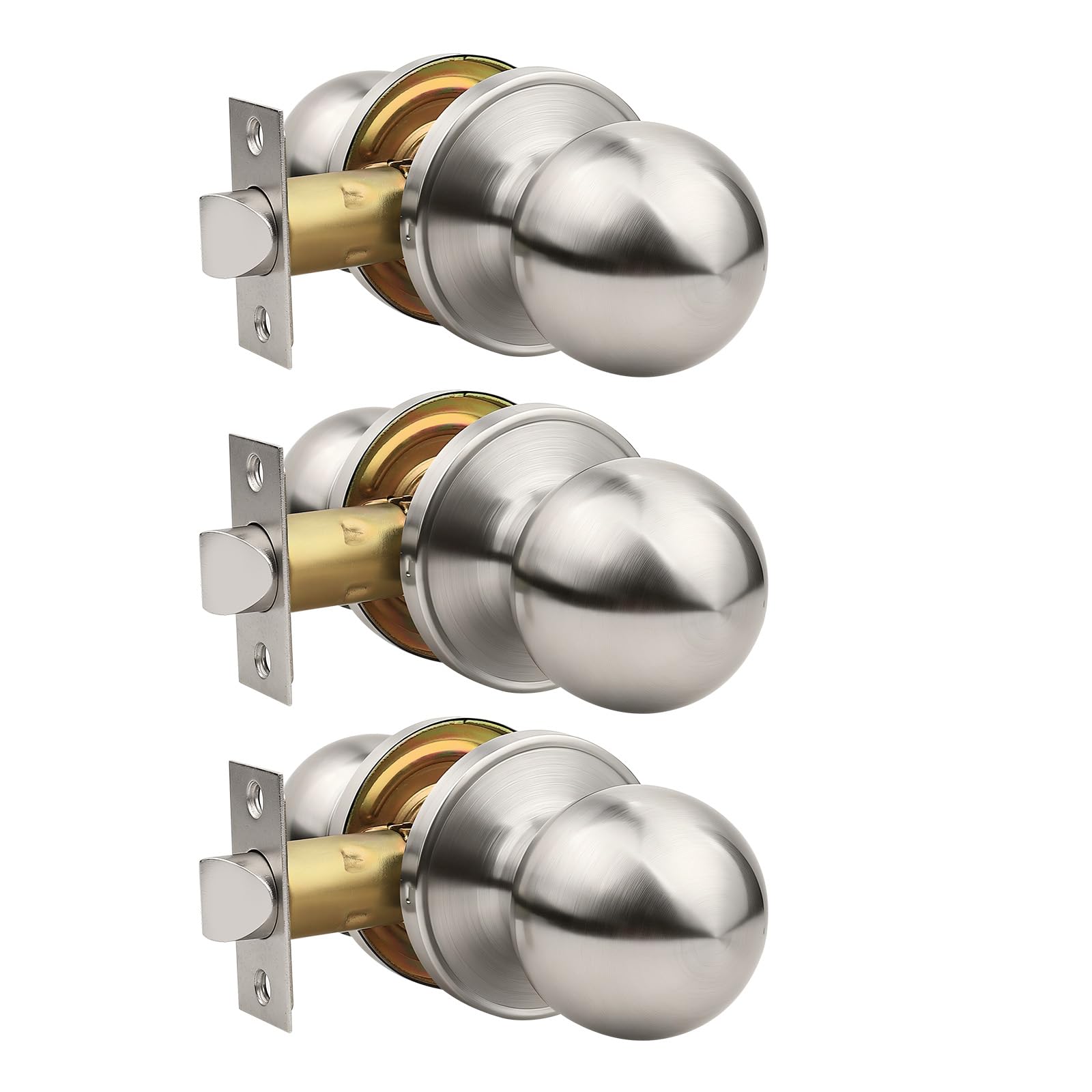 Knobonly 3 Pack Keyless Indoor Door Knob, Passage Door Knobs, Interior Door Knobs, Satin Nickel, Stainless Steel
