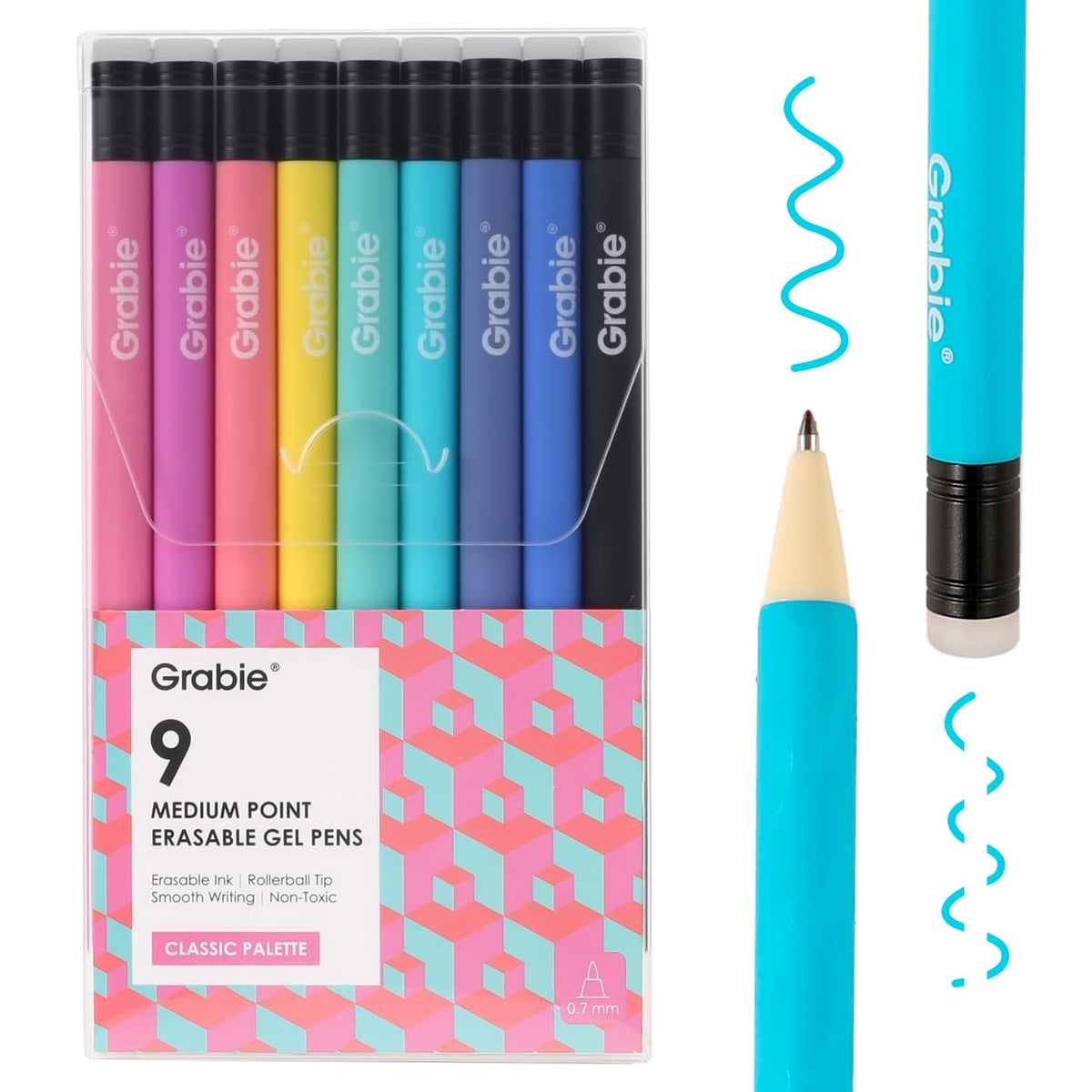 Grabie Erasable Gel Pens, 9 Medium Point 0.7 mm Pens, Classic