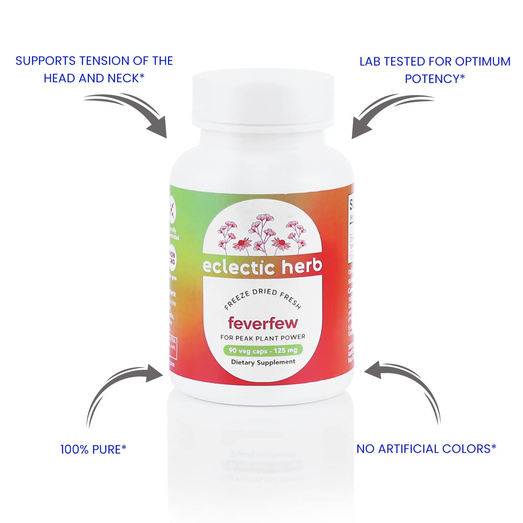 Eclectic Herb - Feverfew Capsules | Support for Head & Neck Tension | Herbal Supplement | US-Grown, Vegan, Non-GMO, Gluten Free (90 CT | 125 mg)