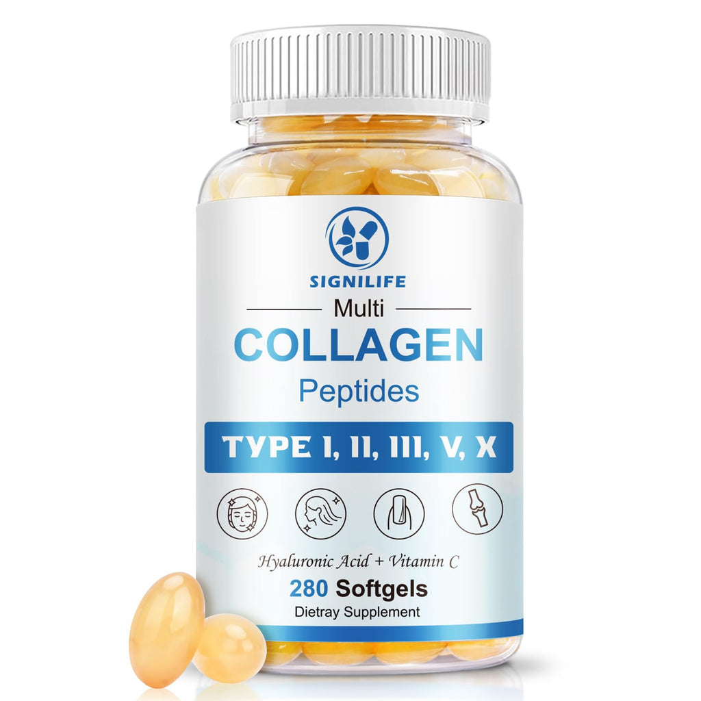 SIGNILIFE Multi Collagen Peptides for Women & Men, Hydrolyzed Collagen Peptides-Type I, II, III, V, X - with Hyaluronic Acid,Vitamin C,Biotin,Supports Skin Hair Nail, Non-GMO, 280 Softgels