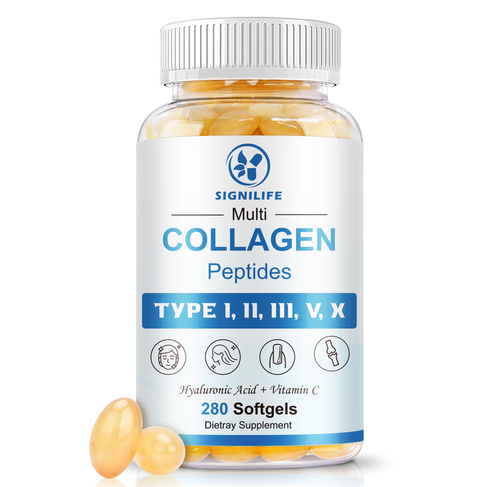 SIGNILIFE Multi Collagen Peptides for Women & Men, Hydrolyzed Collagen Peptides-Type I, II, III, V, X - with Hyaluronic Acid,Vitamin C,Biotin,Supports Skin Hair Nail, Non-GMO, 280 Softgels