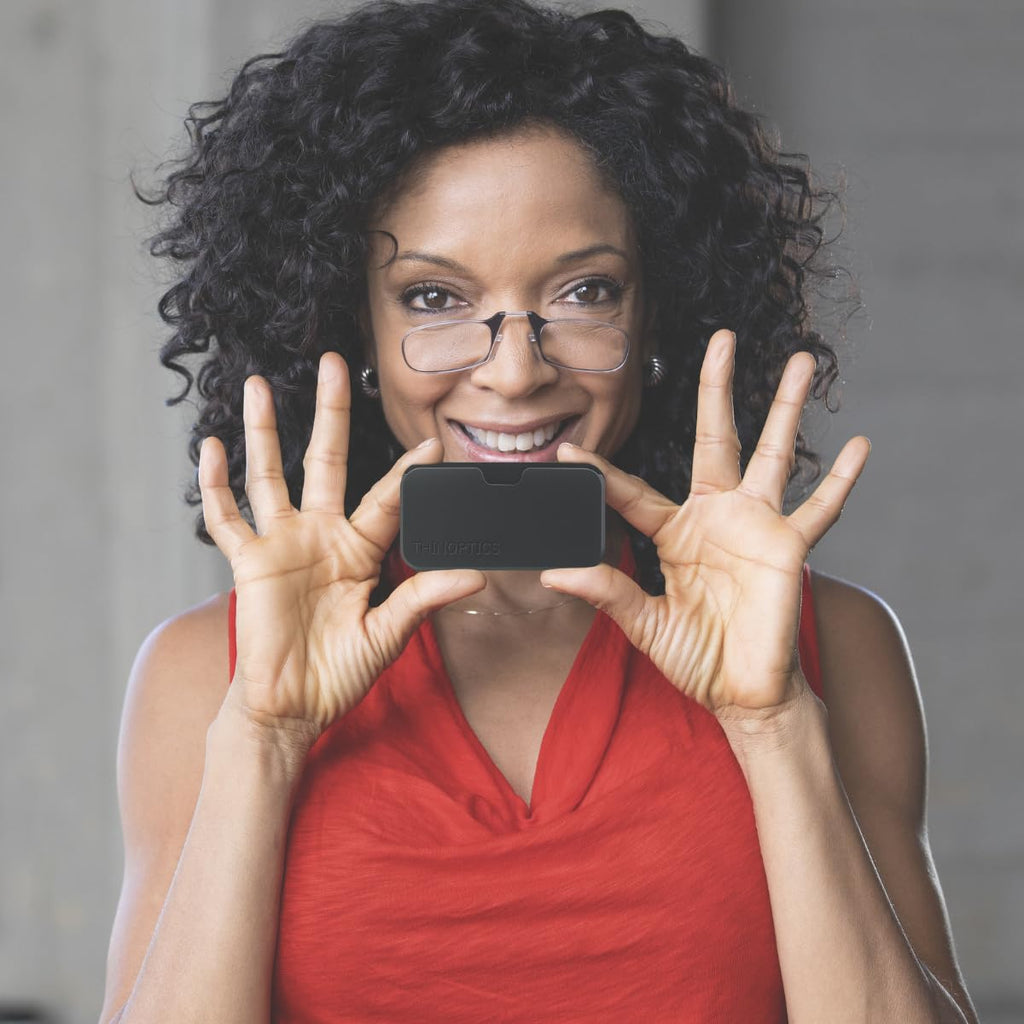Always With You by ThinOptics Slim Reading Glasses with Case that Sticks to Your Phone - Ultra-Thin Armless Pocket Readers - Lightweight, Durable, Convenient - Black, 1.0x