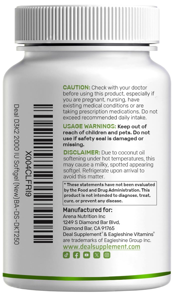 DEAL SUPPLEMENT Vitamin D3 2,000 IU + K2 MK7 50mcg Softgels | 2-in-1 Complex with Virgin Coconut Oil | Supports Heart, Bone, Teeth & Immune Health | Easy to Swallow