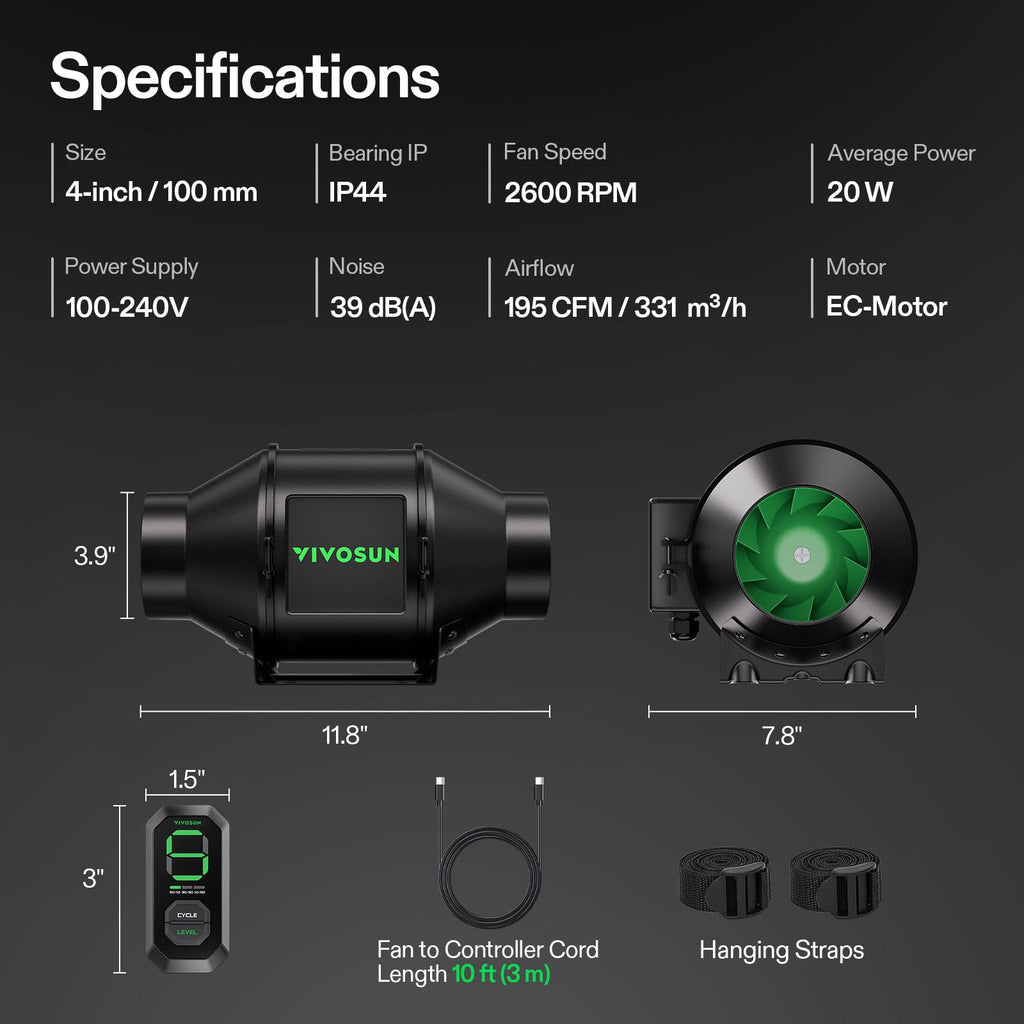 VIVOSUN G4 4" Inline Fan &Cycle Mode Speed Controller, 195 CFM Aerozesh Fan
